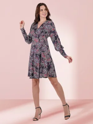 Grey Paisley Dolman Long Sleeve Cocktail Dress