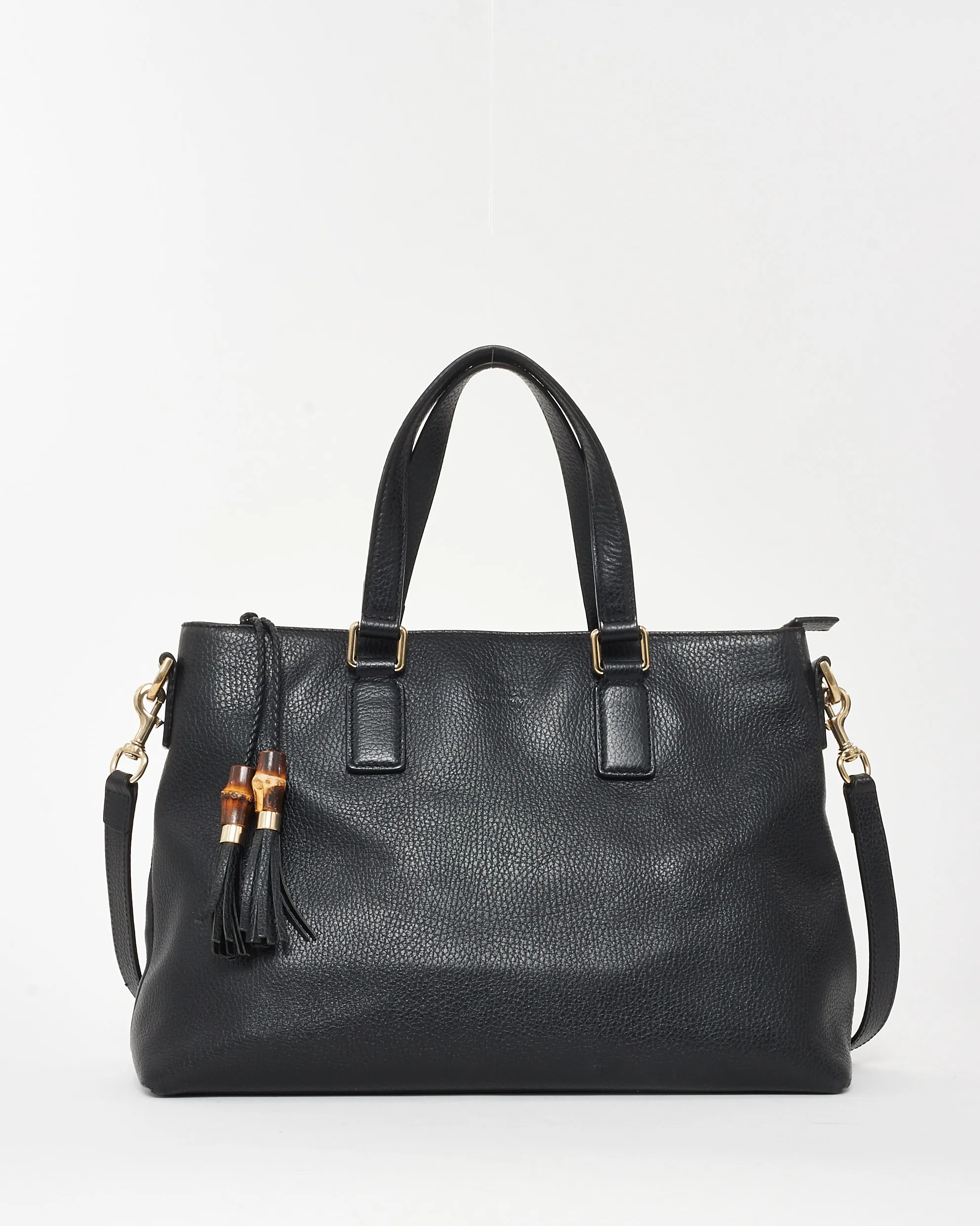 Gucci Black Grained Leather & Bamboo Tassel Shoulder Bag