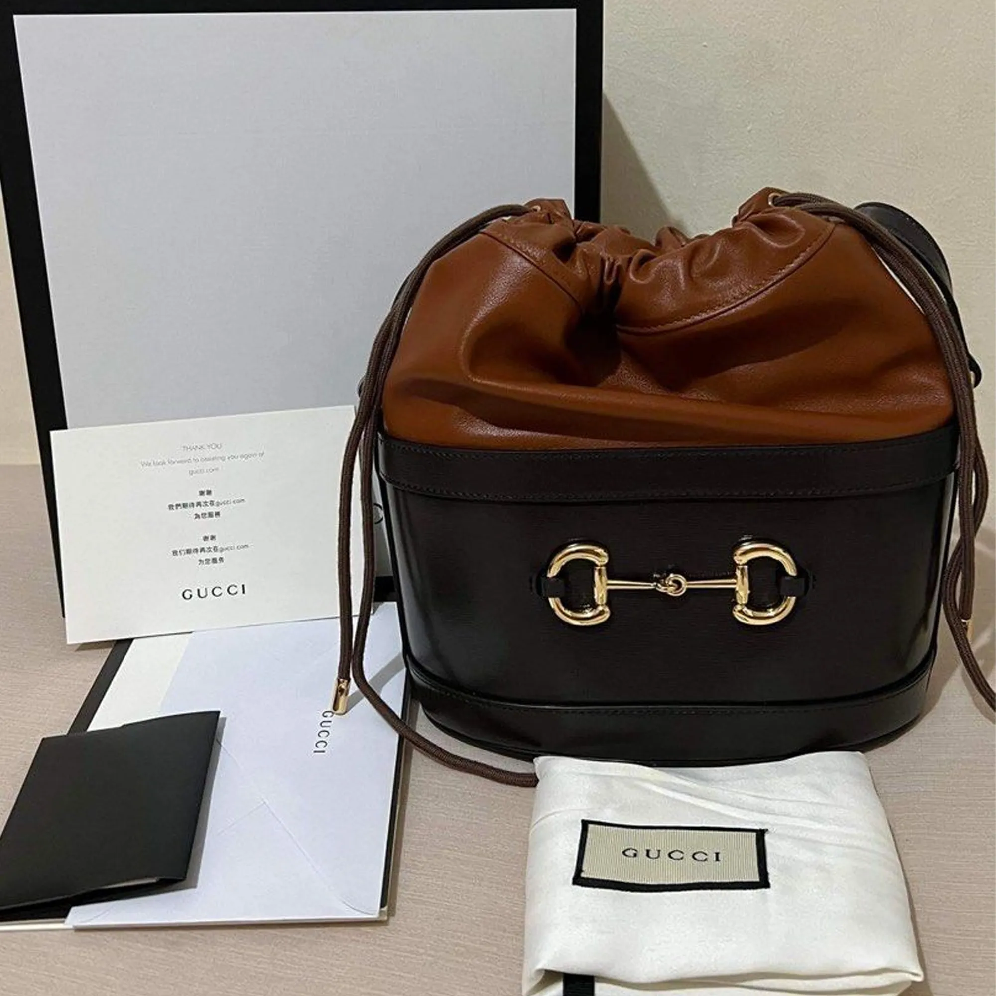 Gucci GG 1955 Horse Bit Cocoa Dark Brown Bucket Shoulder Bag Leather Handbag NEW