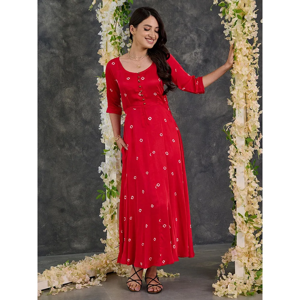 Gulaal Red Bandhani Modal Satin Fit & Flare Dress