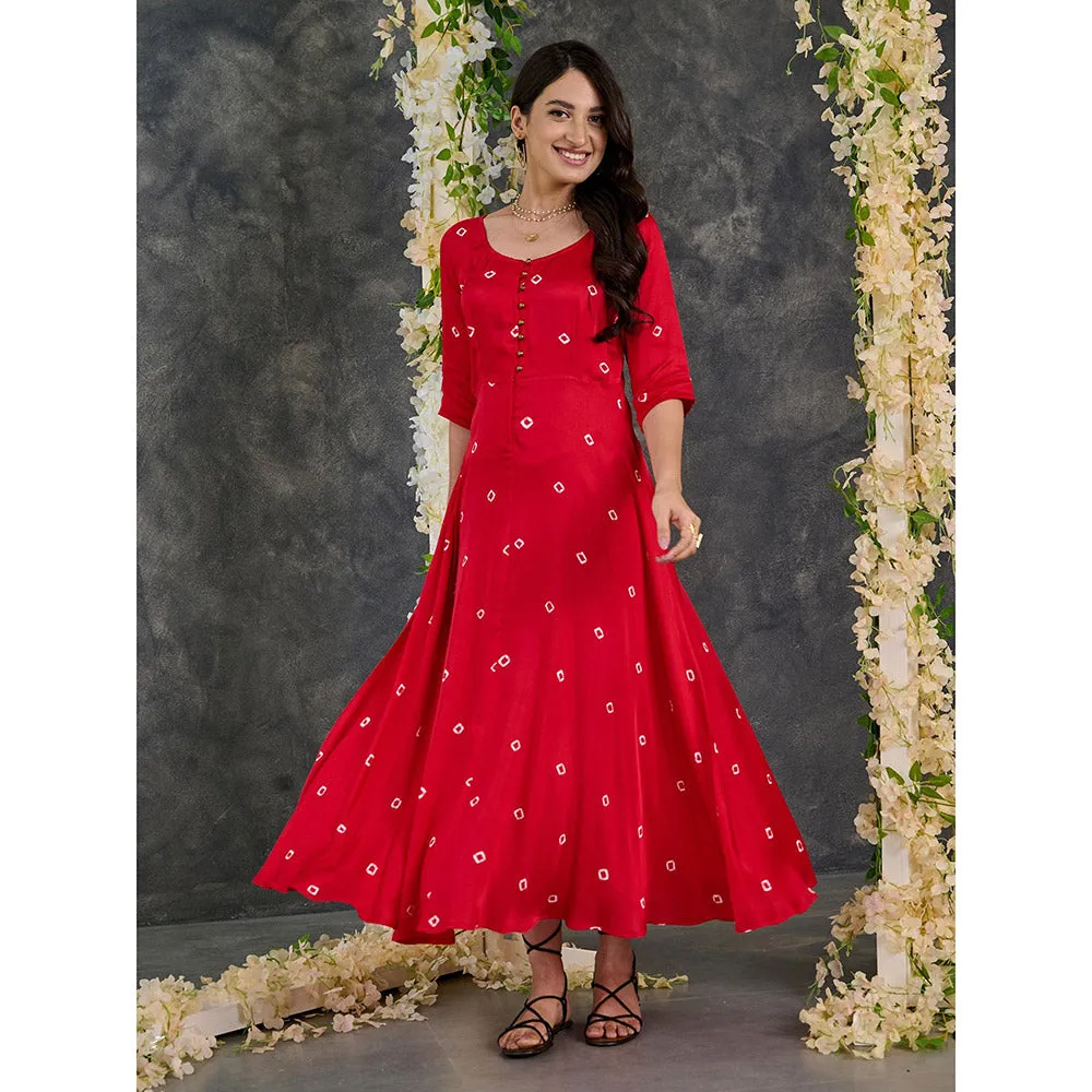Gulaal Red Bandhani Modal Satin Fit & Flare Dress