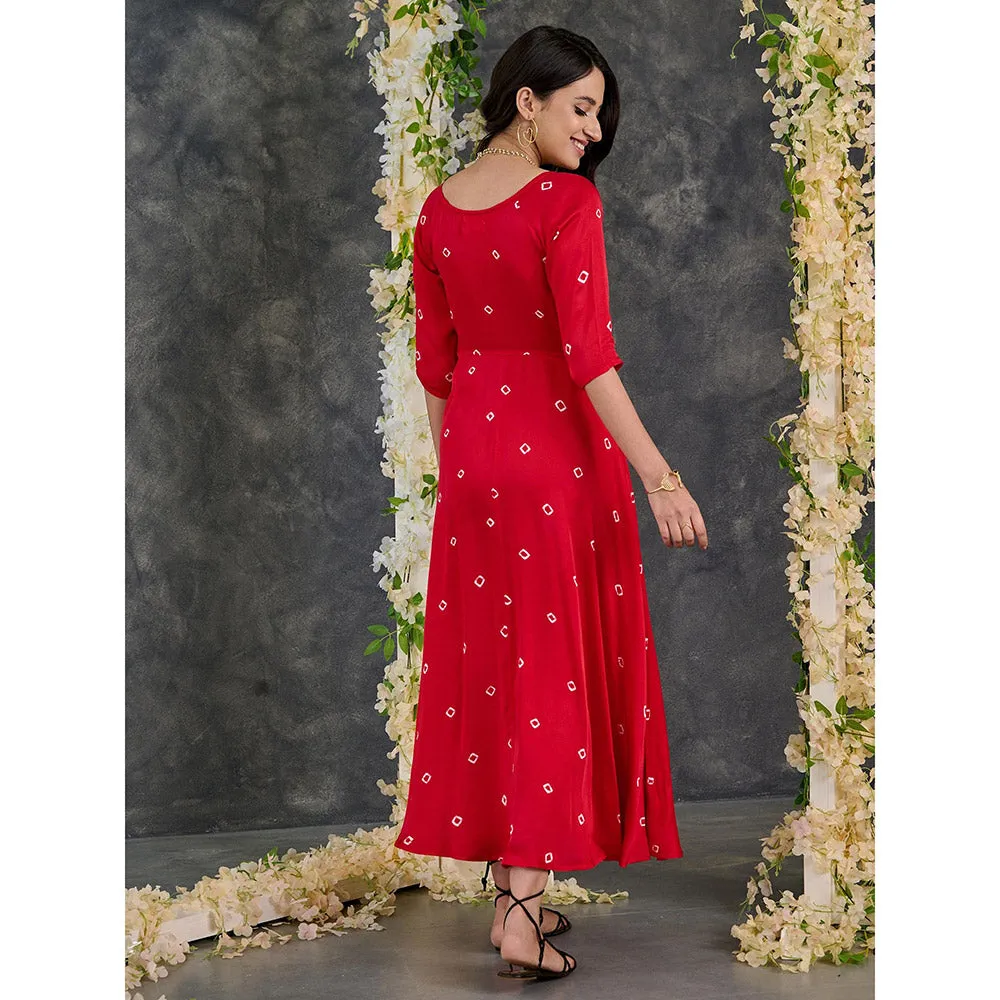 Gulaal Red Bandhani Modal Satin Fit & Flare Dress