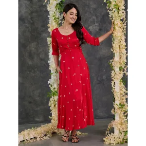 Gulaal Red Bandhani Modal Satin Fit & Flare Dress