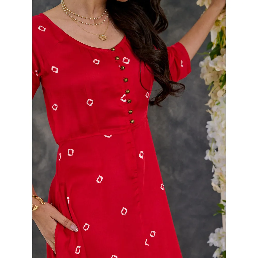 Gulaal Red Bandhani Modal Satin Fit & Flare Dress