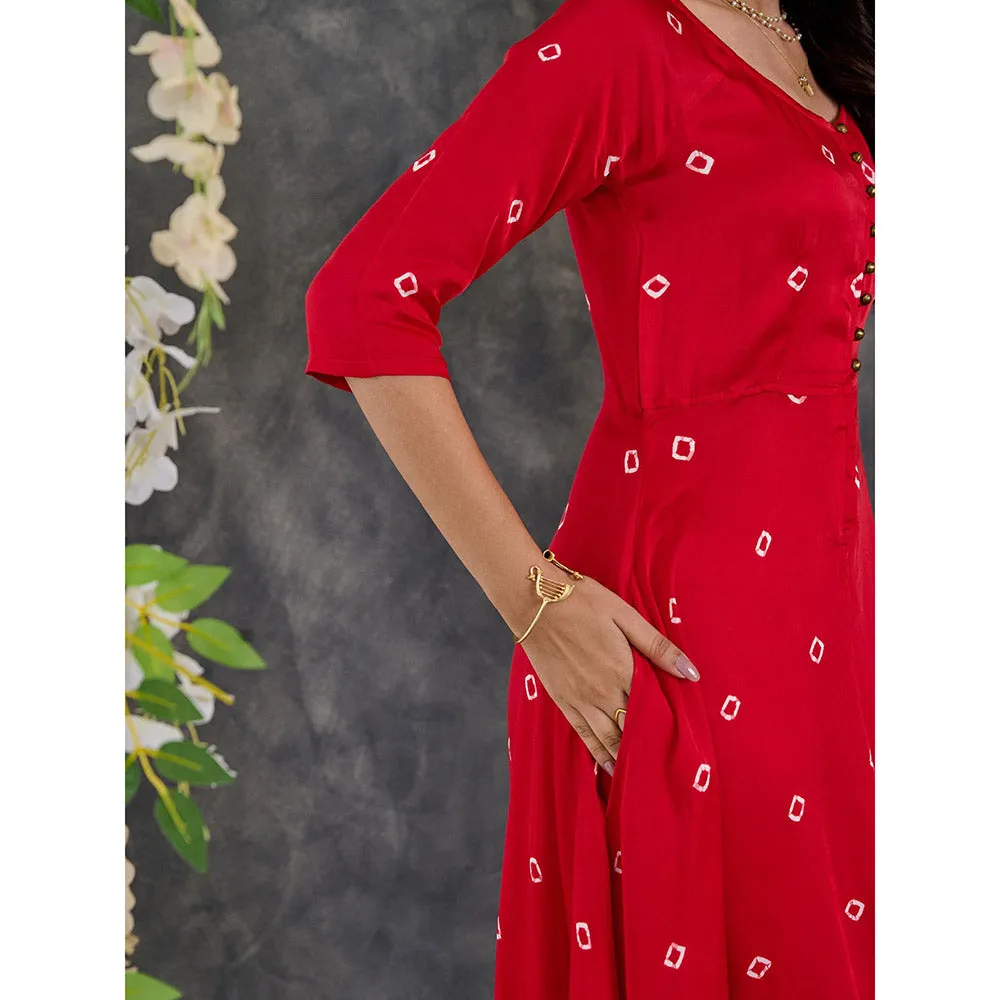 Gulaal Red Bandhani Modal Satin Fit & Flare Dress