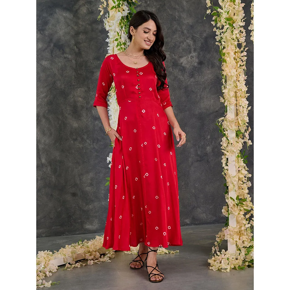 Gulaal Red Bandhani Modal Satin Fit & Flare Dress