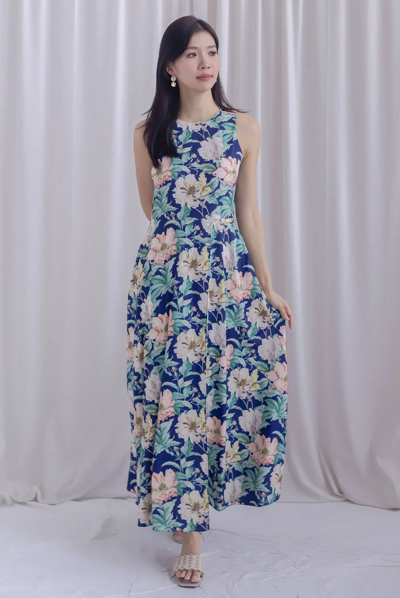 Haley Overlap Floral Maxi Romper Dress In Navy Blue