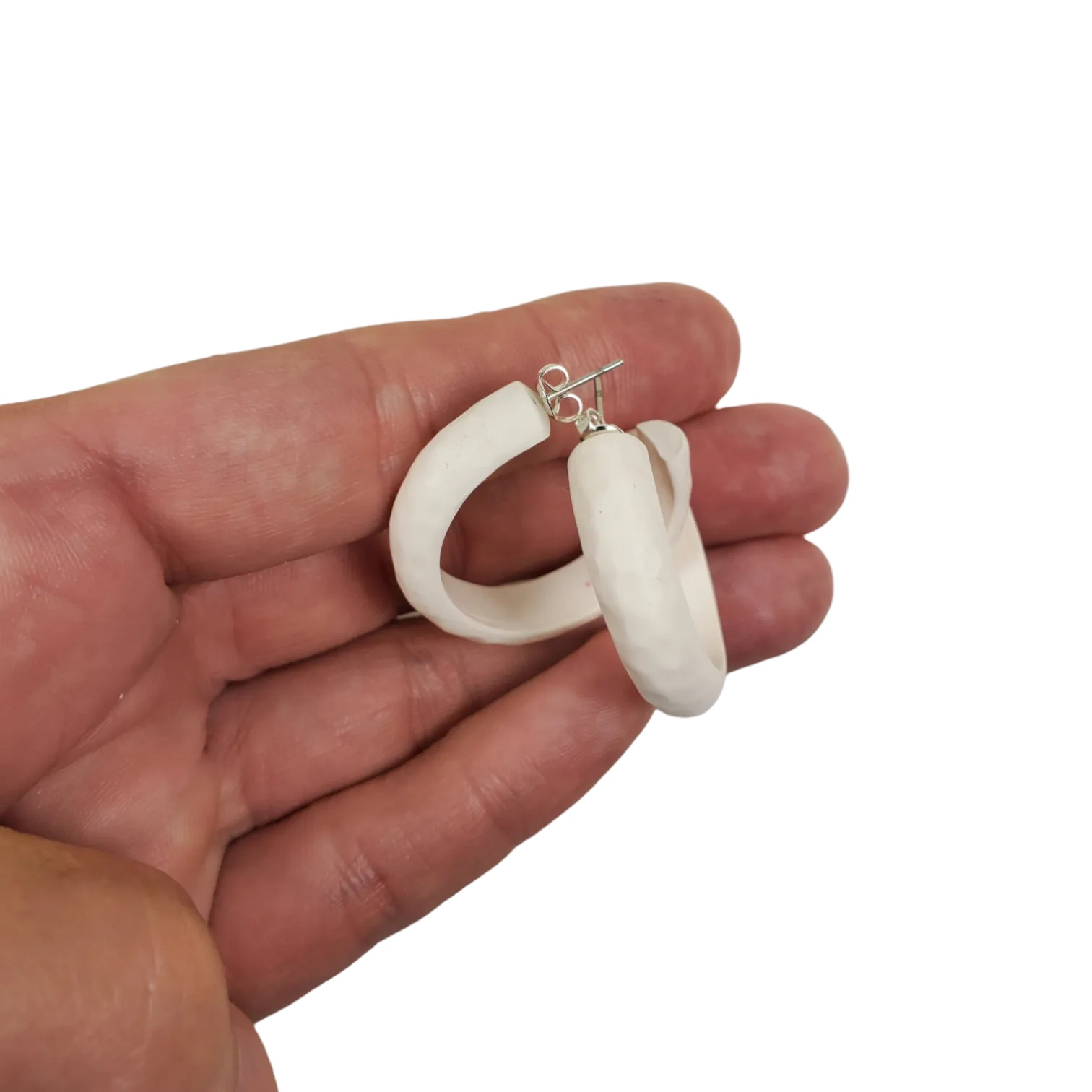 Hammered Hoop Earrings Medium - Solid Color  - White