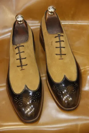 Handmade Brown Leather and Beige Suede Brogue Dress Shoes
