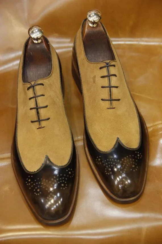 Handmade Brown Leather and Beige Suede Brogue Dress Shoes