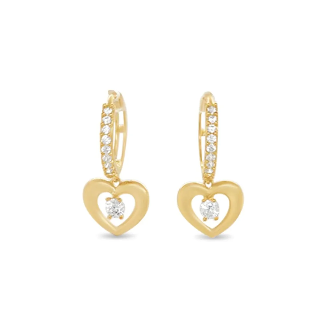 Heart Hoop Drop Earrings with Cubic Zirconia in 9ct Yellow Gold