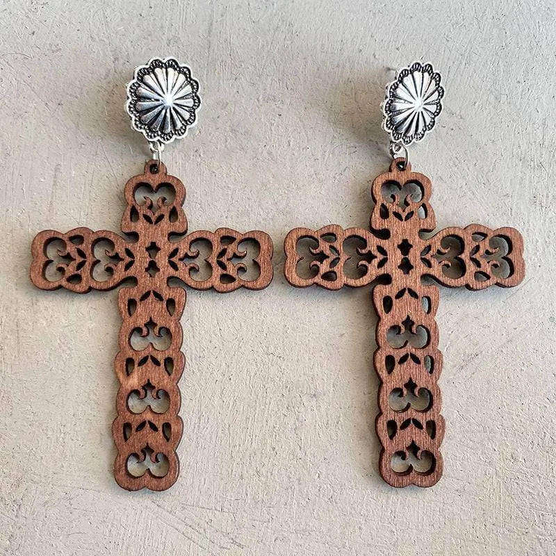 Hollow Leather Turquoise Cross Earrings