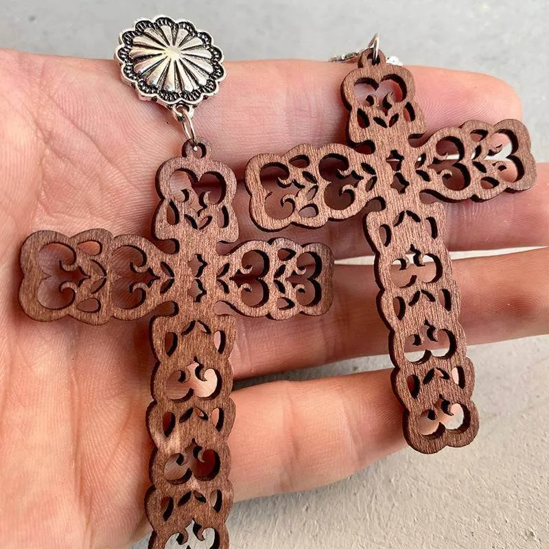 Hollow Leather Turquoise Cross Earrings
