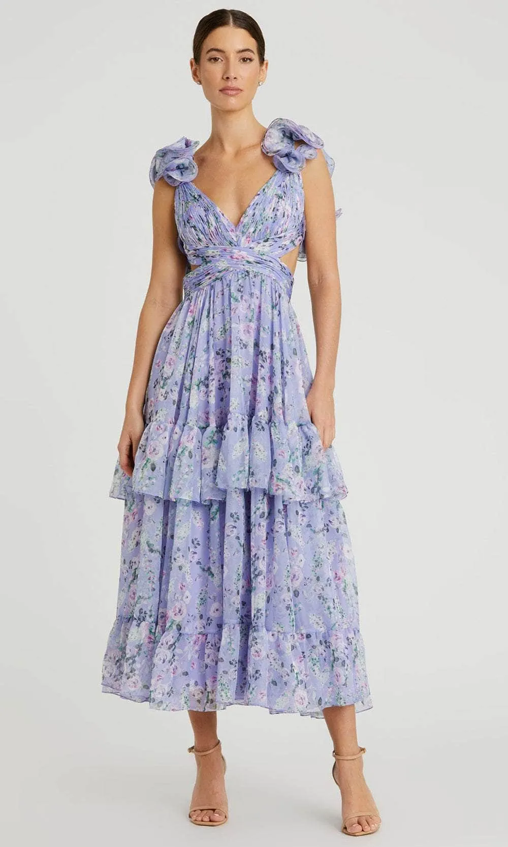Ieena Duggal 56049 - Ruffled Sleeves Floral Printed Tea-Length Dress