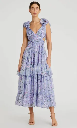 Ieena Duggal 56049 - Ruffled Sleeves Floral Printed Tea-Length Dress