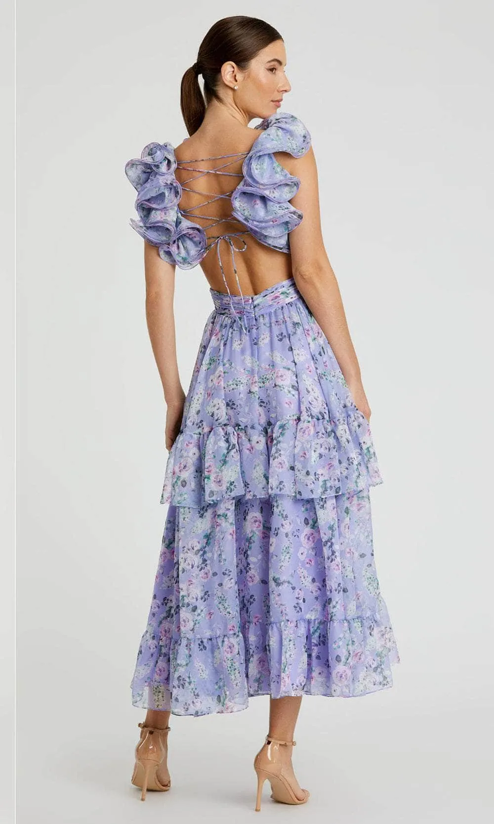 Ieena Duggal 56049 - Ruffled Sleeves Floral Printed Tea-Length Dress