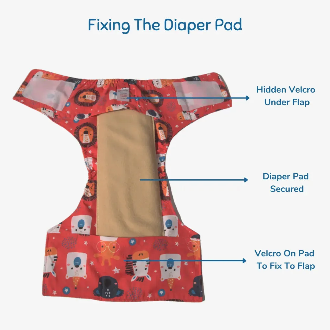 Infant Reusable Diapers | Jungle Jumble | Velcro Closure | With 2 Diaper Pads Free
