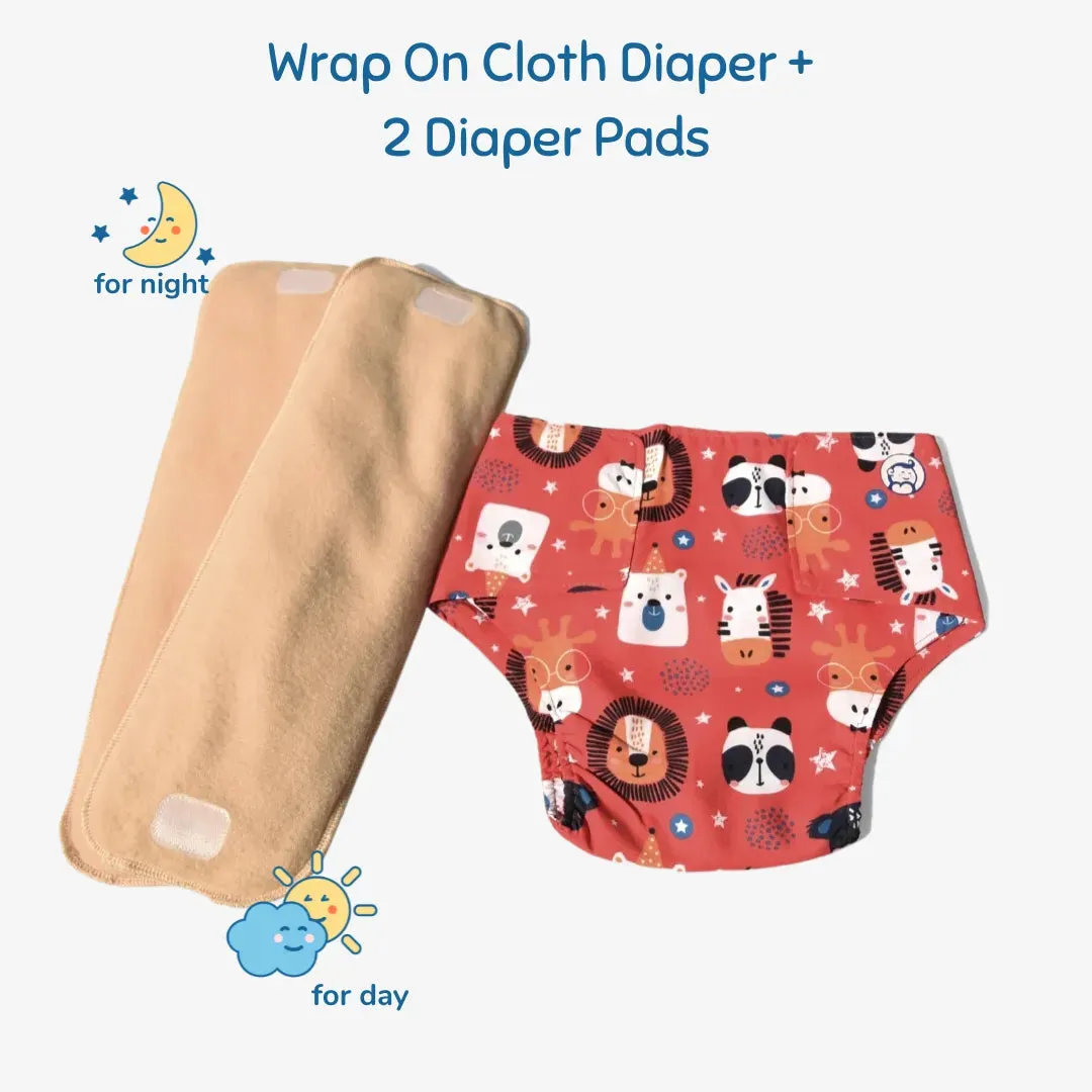 Infant Reusable Diapers | Jungle Jumble | Velcro Closure | With 2 Diaper Pads Free