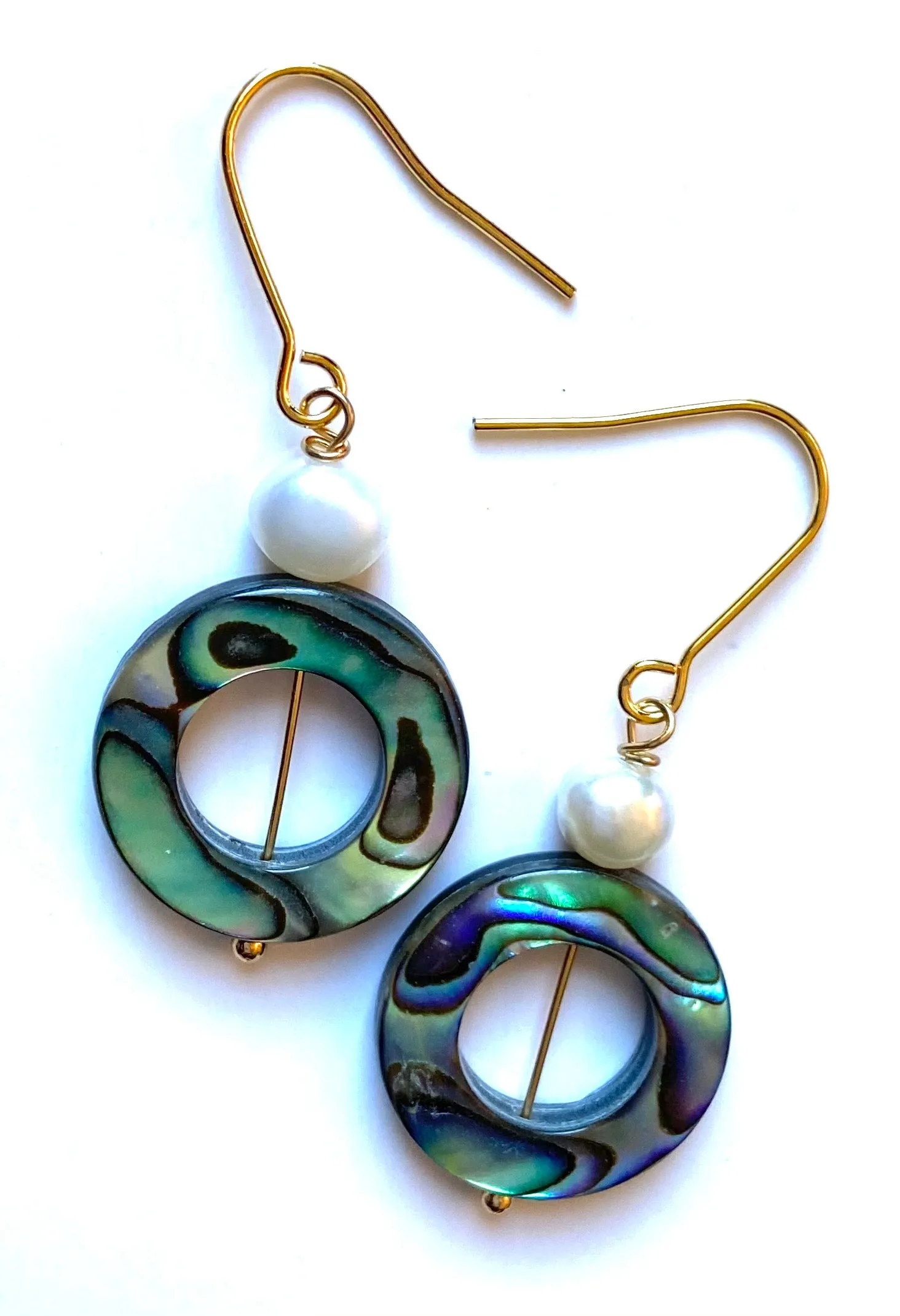 Iridescent Abalone and Baroque Pearl Gold Earrings
