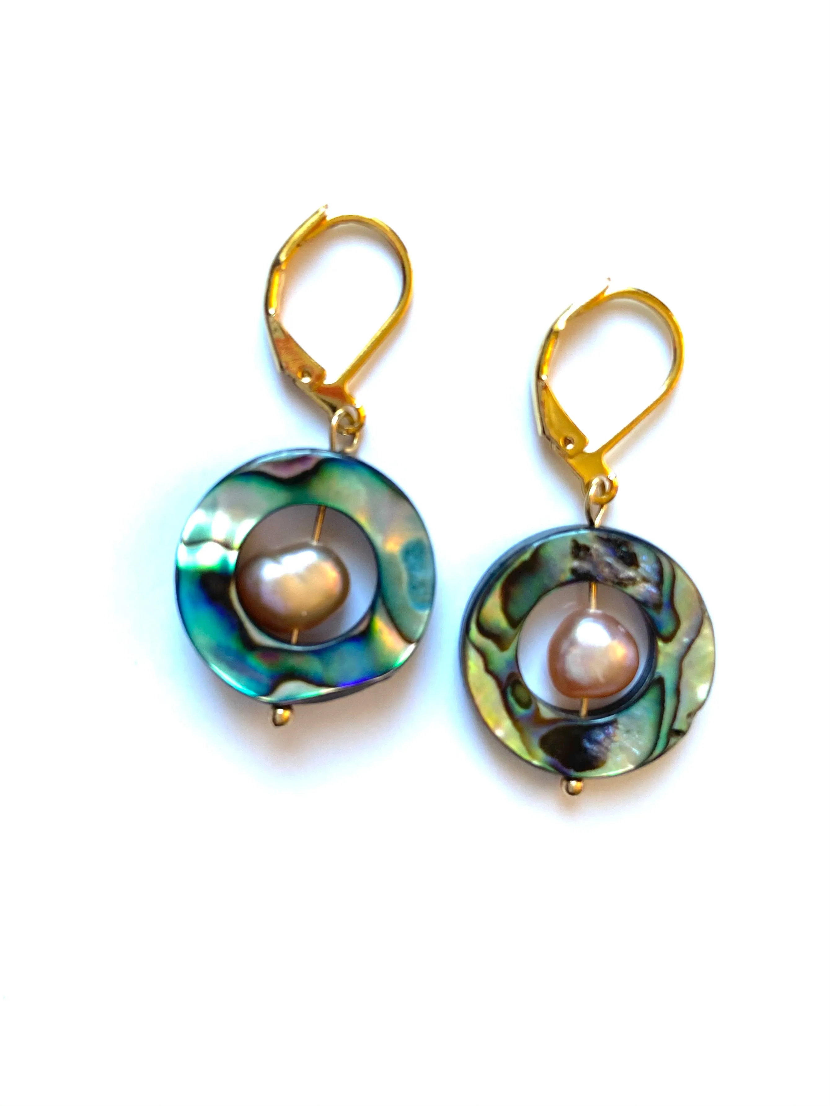 Iridescent Abalone and Baroque Pearl Gold Earrings