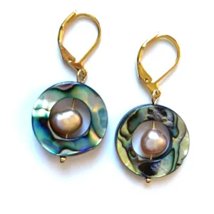 Iridescent Abalone and Baroque Pearl Gold Earrings