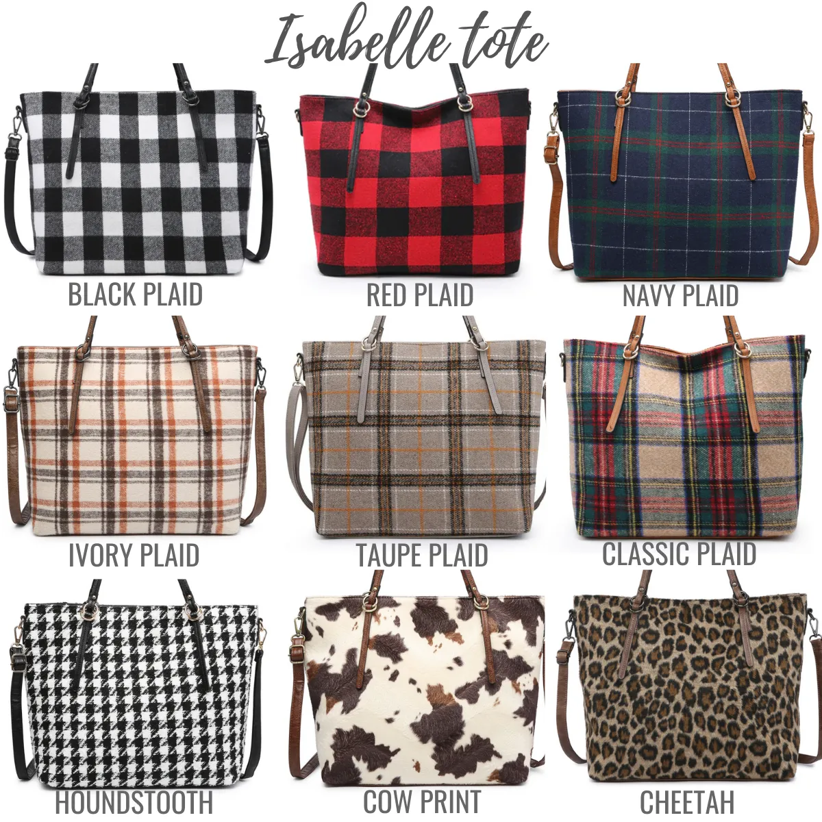 Isabelle Tote - Tweed Crossbody Tote Bag - 9 Colors - Plaid Cow Print Cheetah