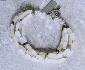 Ivory Glass Rectangles 4-Strand Bracelet with Golden Bronze Fire Polished Glass, and Sterling Silver Beads & Toggle Clasp