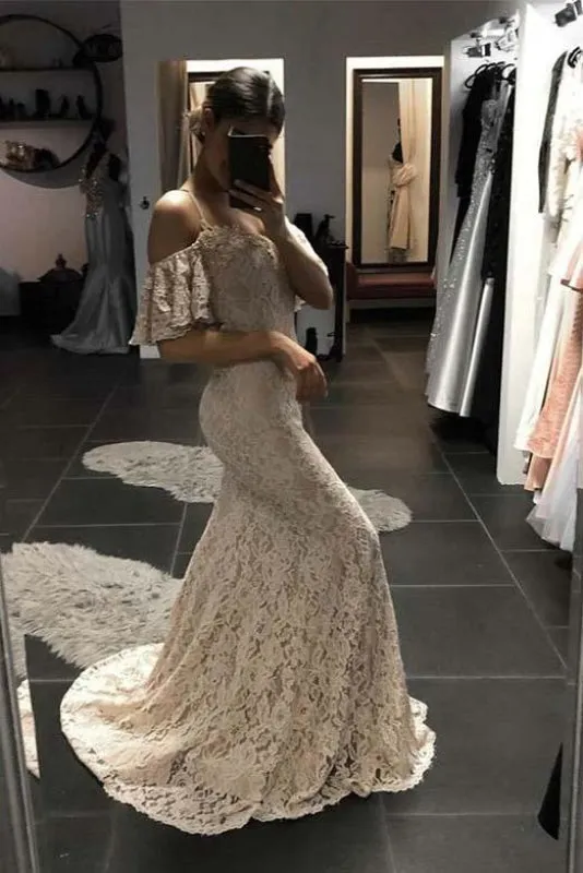 Ivory Mermaid Spaghetti Straps Open Back Prom Lace Wedding Dress