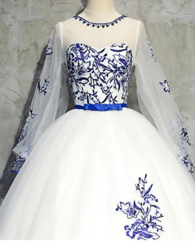 Ivory Sleeve Tulle Prom with Appliques Puffy Appliqued Long Evening Dress
