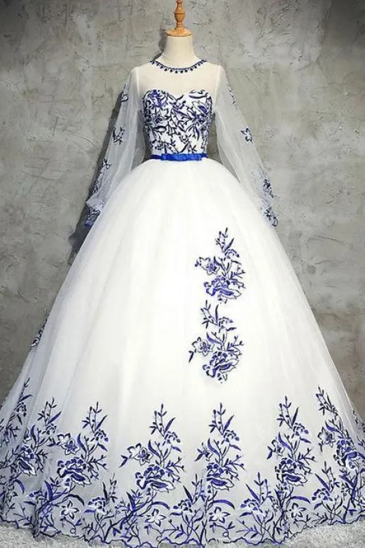 Ivory Sleeve Tulle Prom with Appliques Puffy Appliqued Long Evening Dress