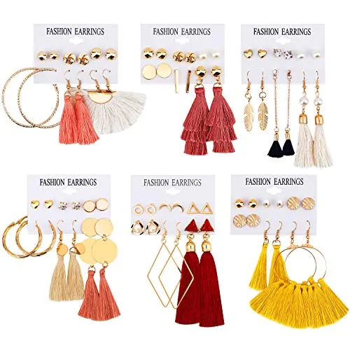 JACEDOFU 36 PairsTassel Earrings Layered Long Thread Ball Dangle Earrings Stud Earring Bohemian Tiered Tassel Drop Earrings Fashion Jewelry for Women Girls Valentine Birthday Party Gifts