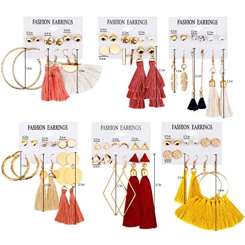 JACEDOFU 36 PairsTassel Earrings Layered Long Thread Ball Dangle Earrings Stud Earring Bohemian Tiered Tassel Drop Earrings Fashion Jewelry for Women Girls Valentine Birthday Party Gifts