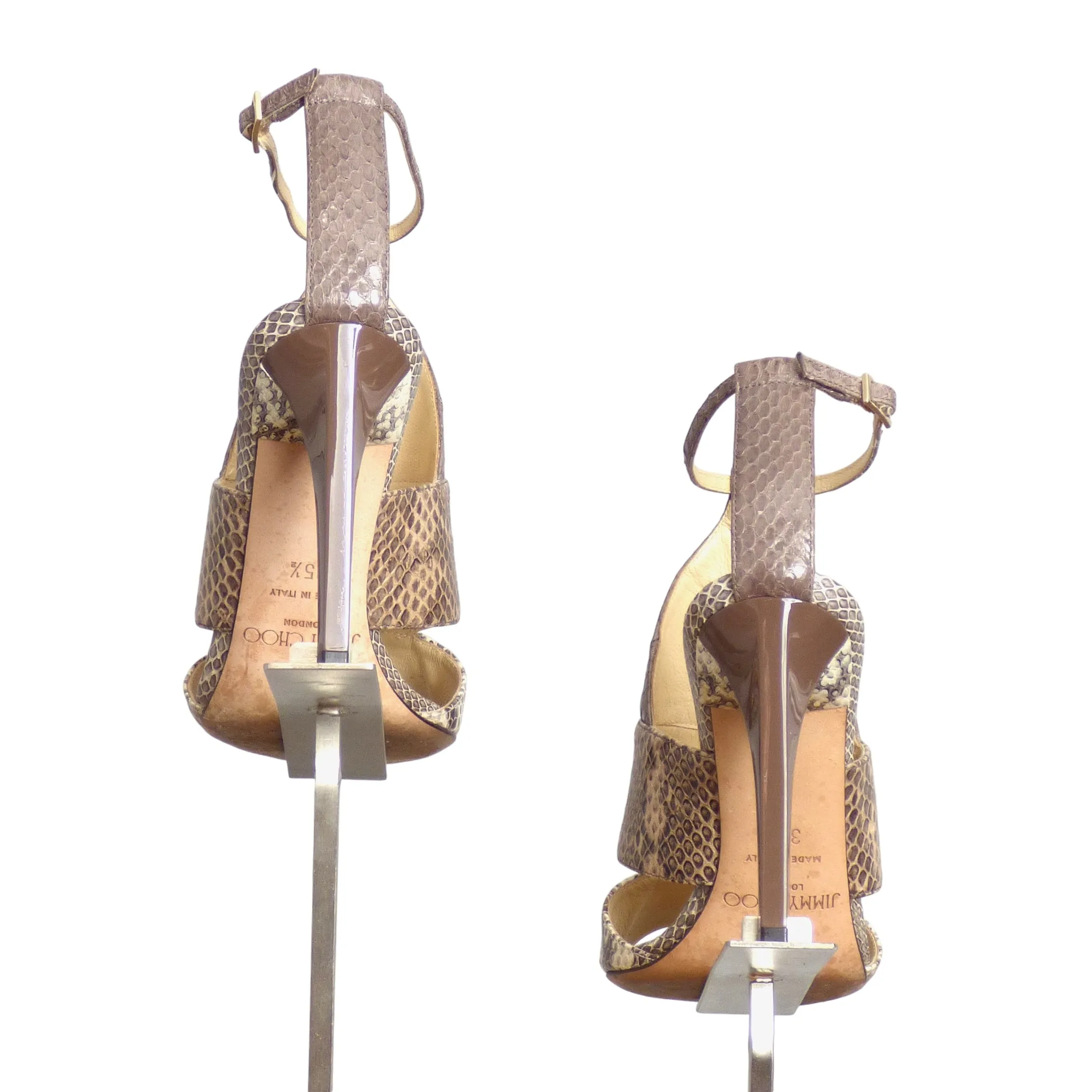 JIMMY CHOO- Gray Snakeskin Sandals, Size 35.5