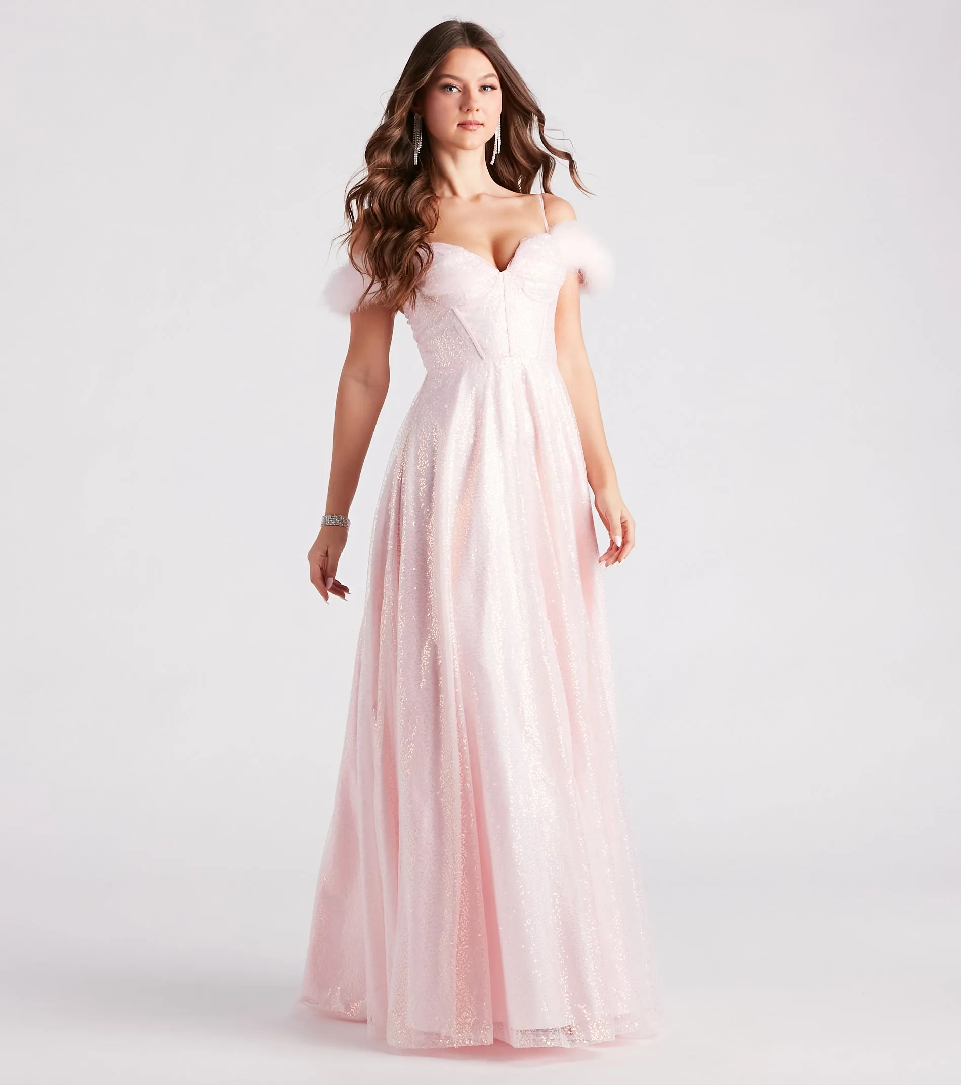 Kayleen Sequin Feather A-Line Ball Gown