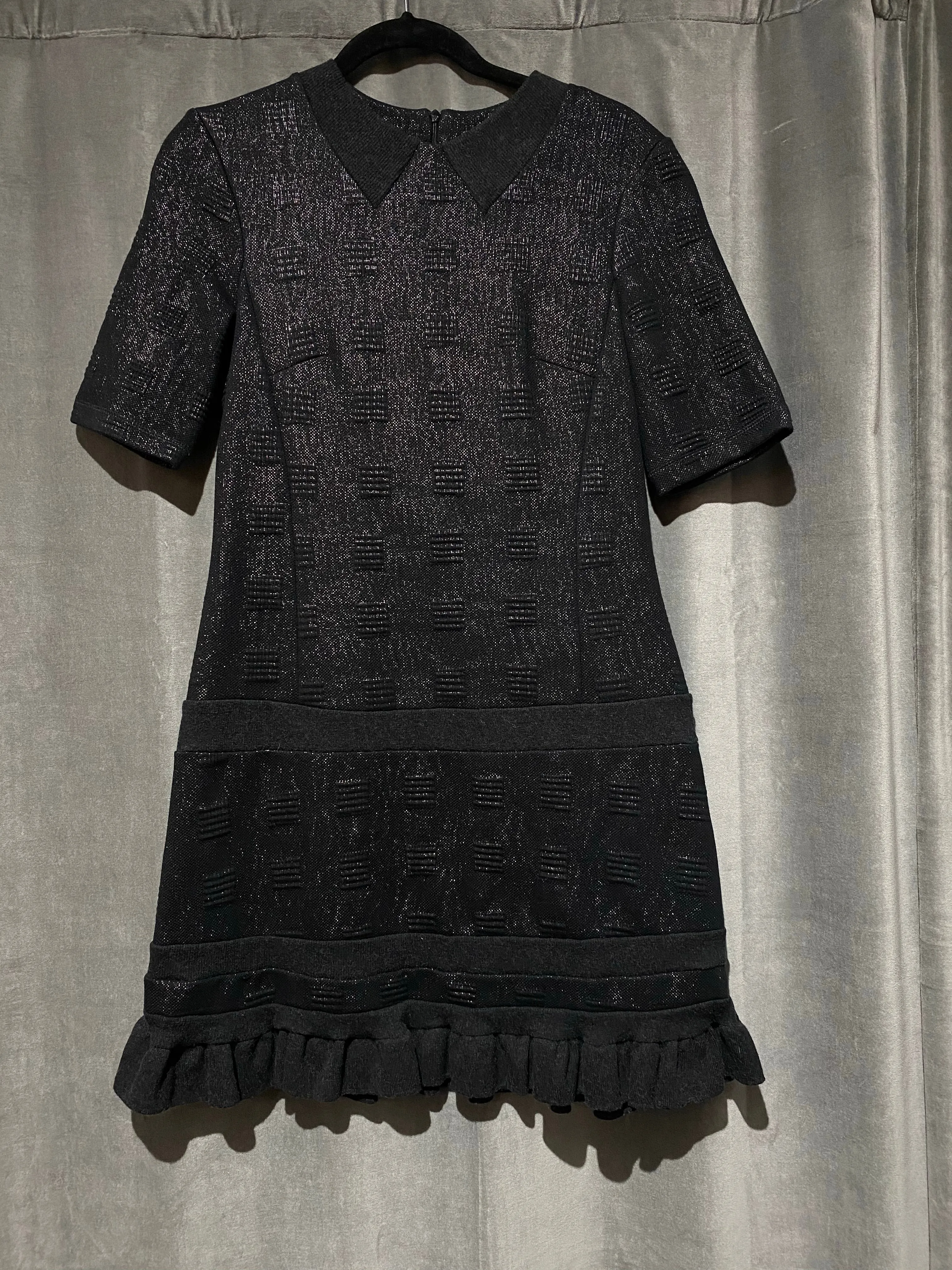Kenzo Black Shiny Short Sleeve Mini Dress with Ruffle Bottom