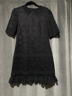 Kenzo Black Shiny Short Sleeve Mini Dress with Ruffle Bottom
