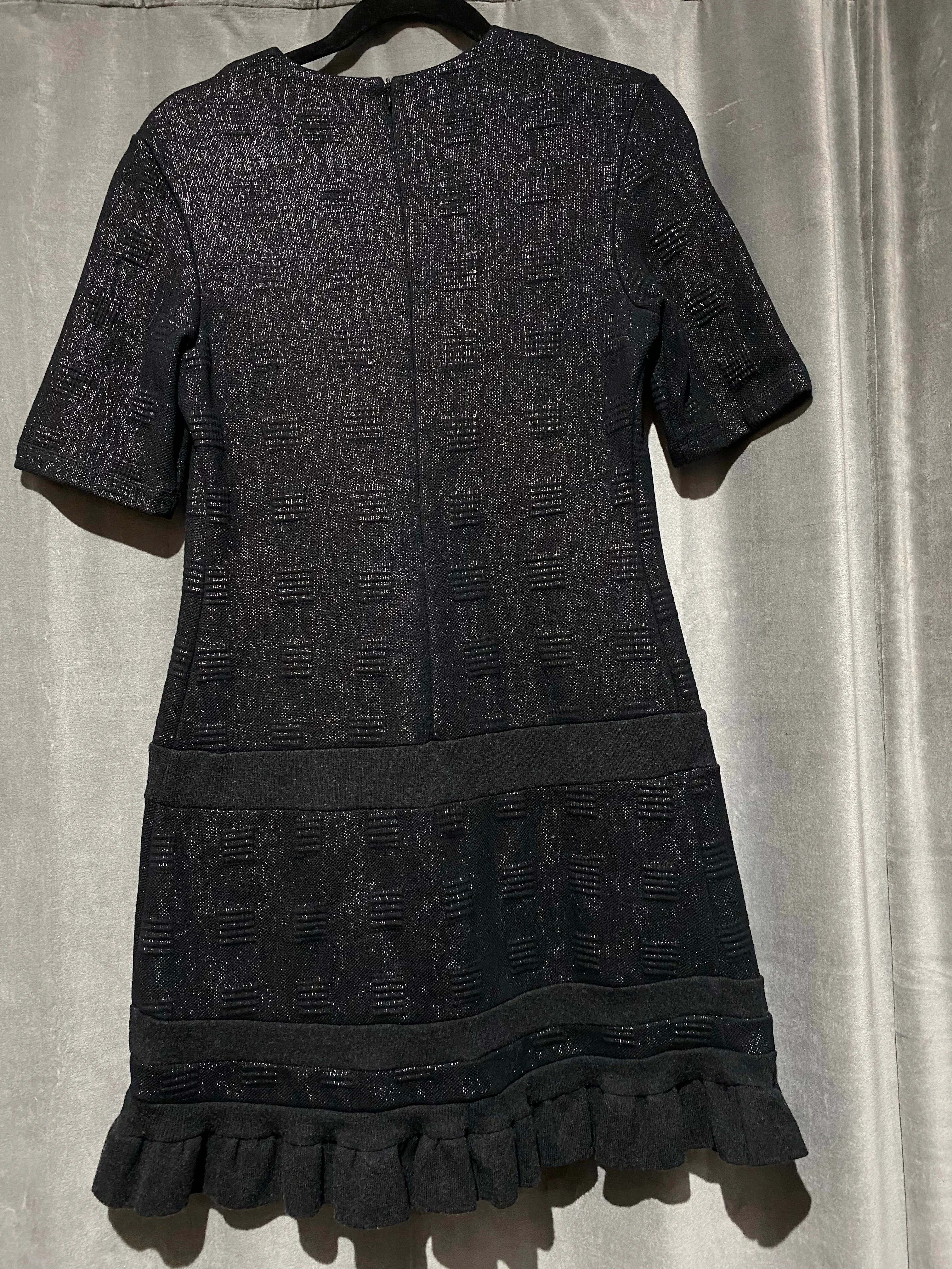 Kenzo Black Shiny Short Sleeve Mini Dress with Ruffle Bottom