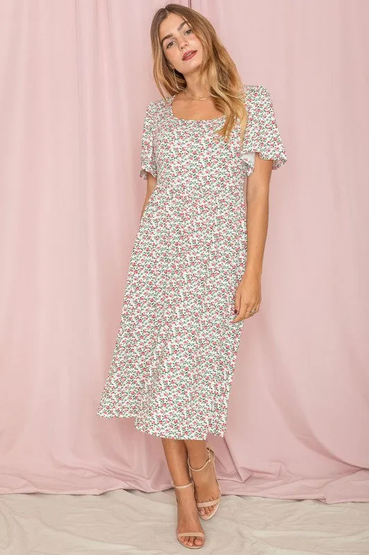 Kimono Sleeve Floral Tea Length Dress