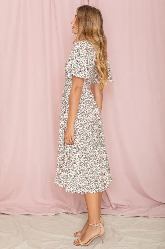 Kimono Sleeve Floral Tea Length Dress