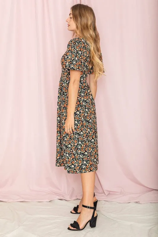 Kimono Sleeve Floral Tea Length Dress