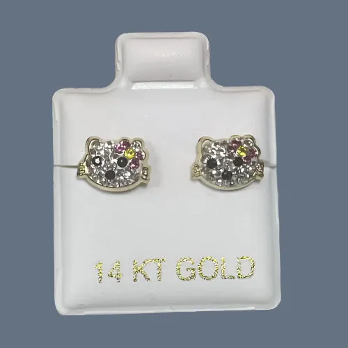 Kitty Cat Stud Earrings 14K Solid Yellow Gold With Safety Backing