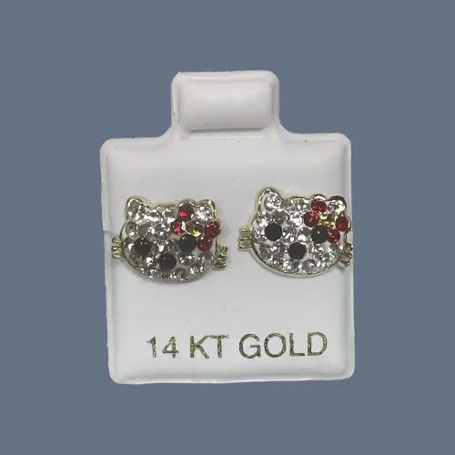 Kitty Cat Stud Earrings 14K Solid Yellow Gold With Safety Backing