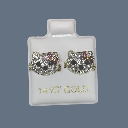 Kitty Cat Stud Earrings 14K Solid Yellow Gold With Safety Backing