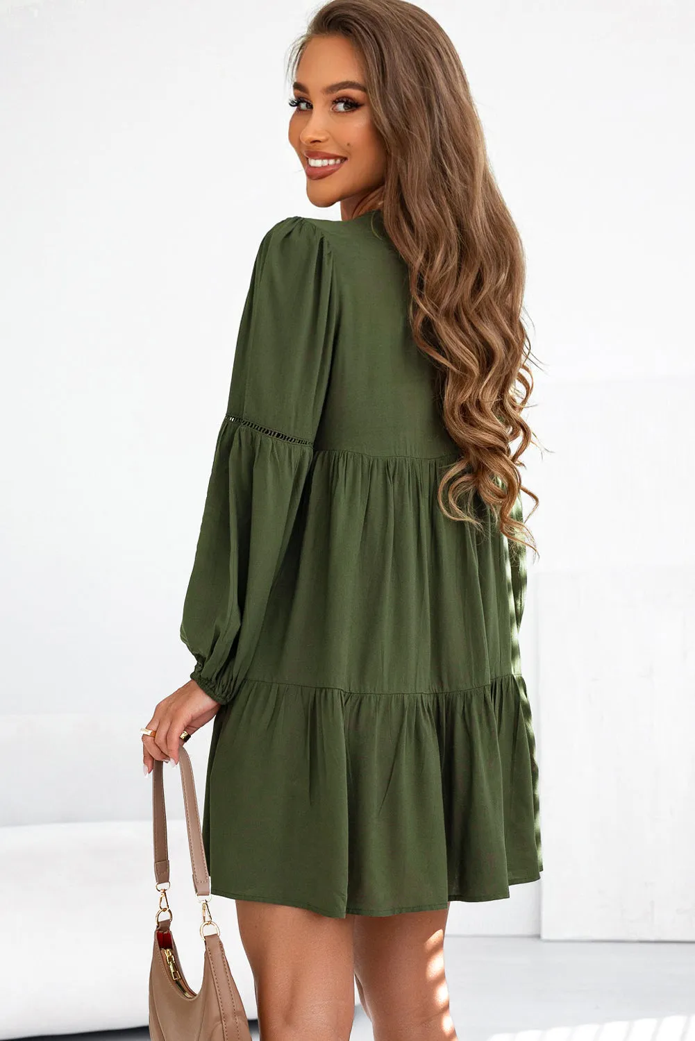 Lace Puff Sleeve Tiered Ruffled Mini Dress