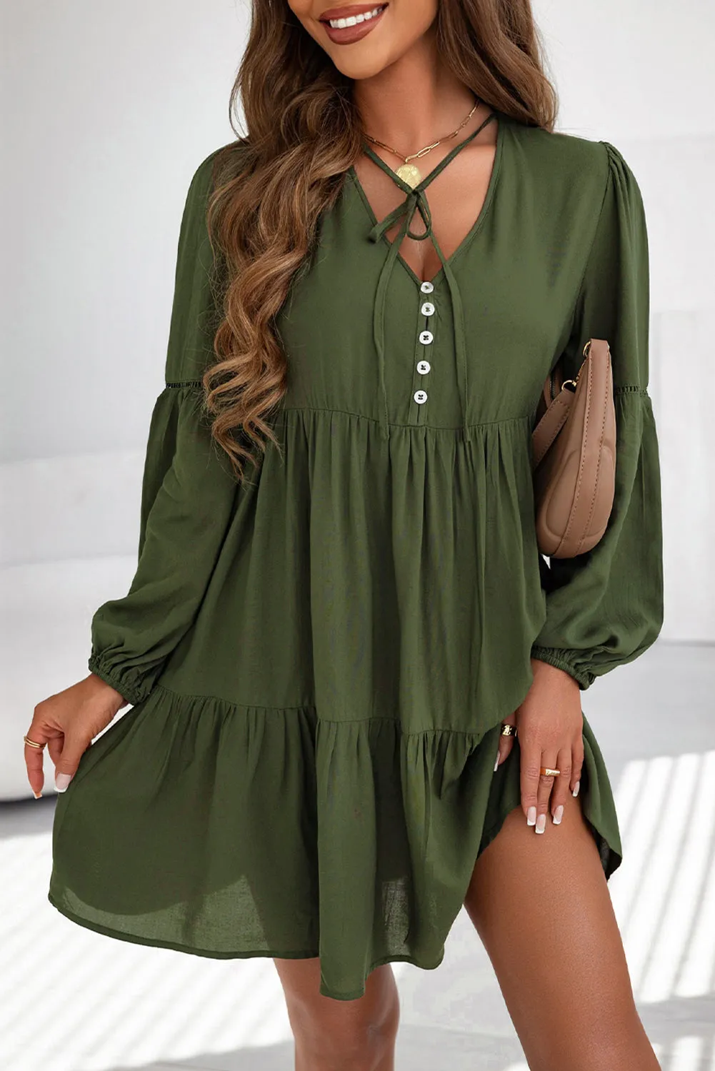 Lace Puff Sleeve Tiered Ruffled Mini Dress