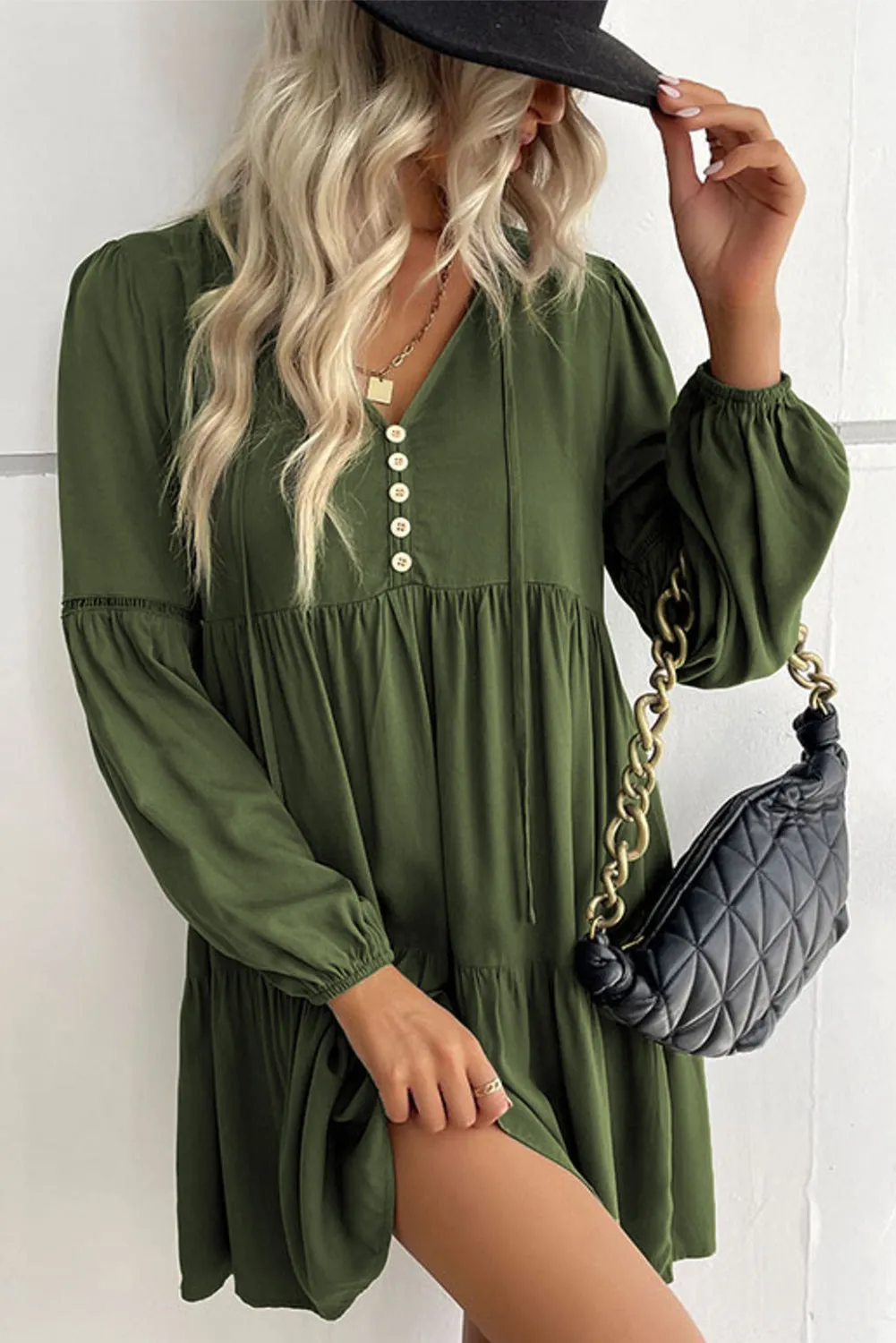 Lace Puff Sleeve Tiered Ruffled Mini Dress