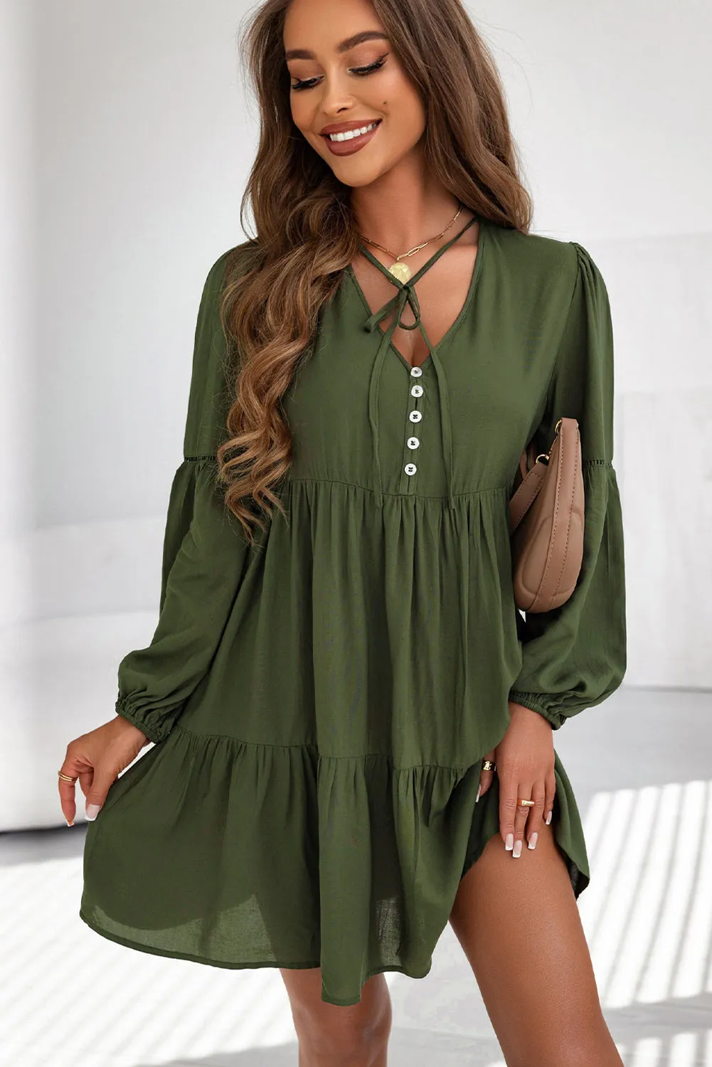 Lace Puff Sleeve Tiered Ruffled Mini Dress