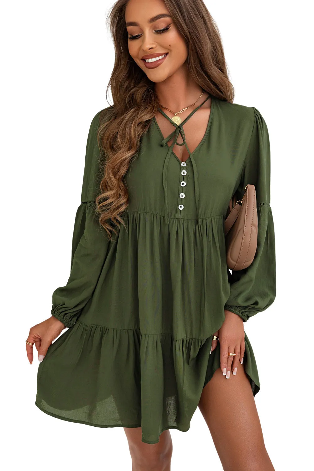 Lace Puff Sleeve Tiered Ruffled Mini Dress