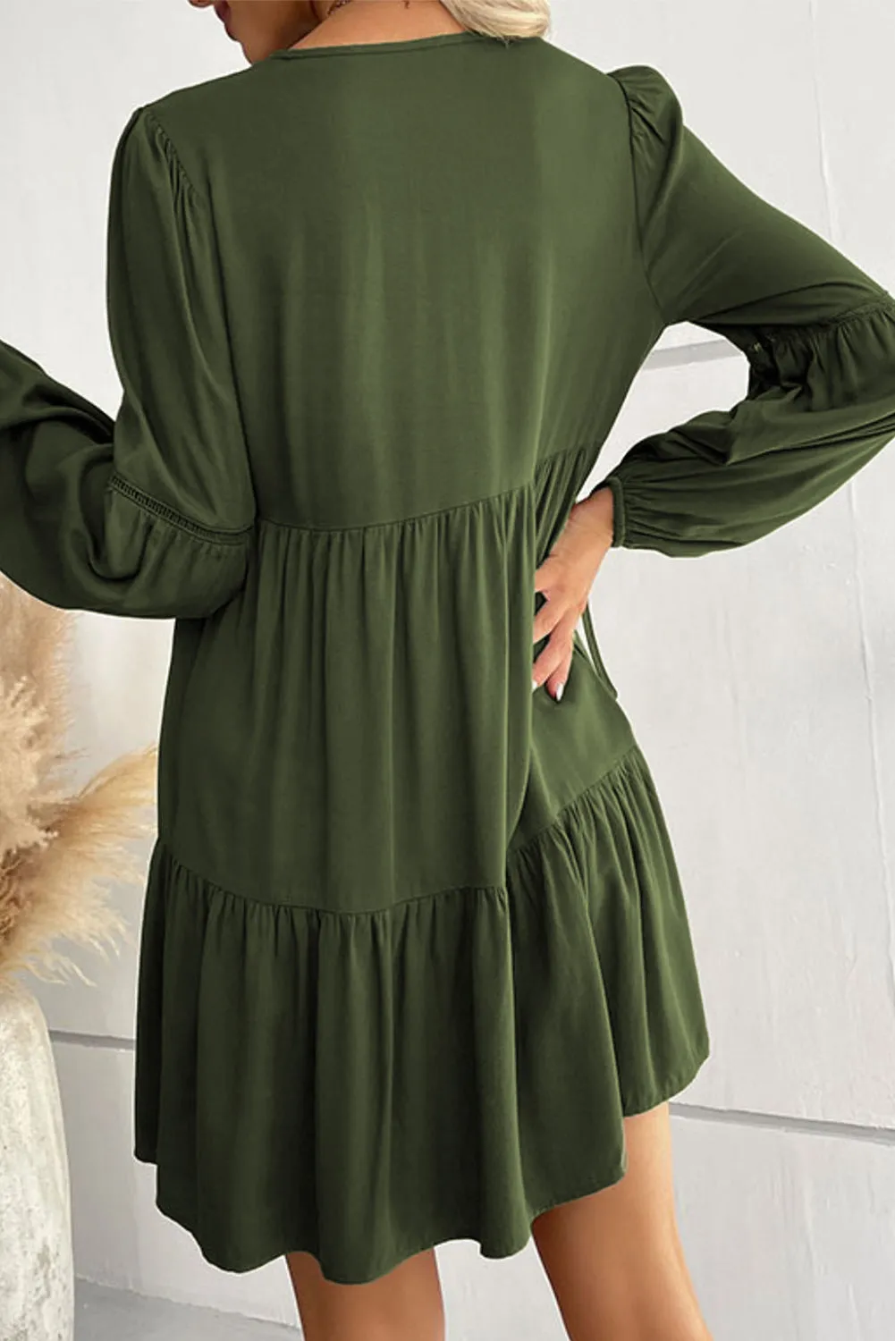 Lace Puff Sleeve Tiered Ruffled Mini Dress