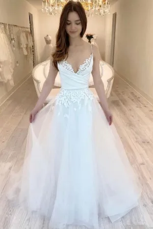 Lace Spaghetti Straps Wedding Gowns with A-line Tulle Skirt